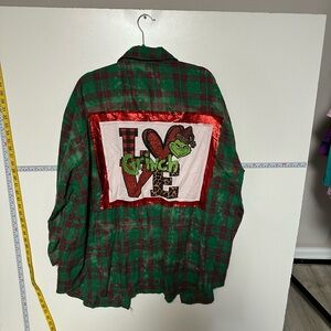 SHEIN Grinch Green and Red Button Down Shirt